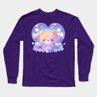 Cute Kawaii Baby Bear Cub With Rainbow Heart Long Sleeve T-Shirt